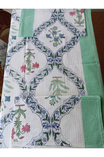 Handloom Waffle Towel Set - Seafoam Green Floral (279)